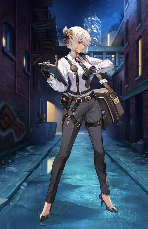Parvati from Guardian Tales in an urban alley