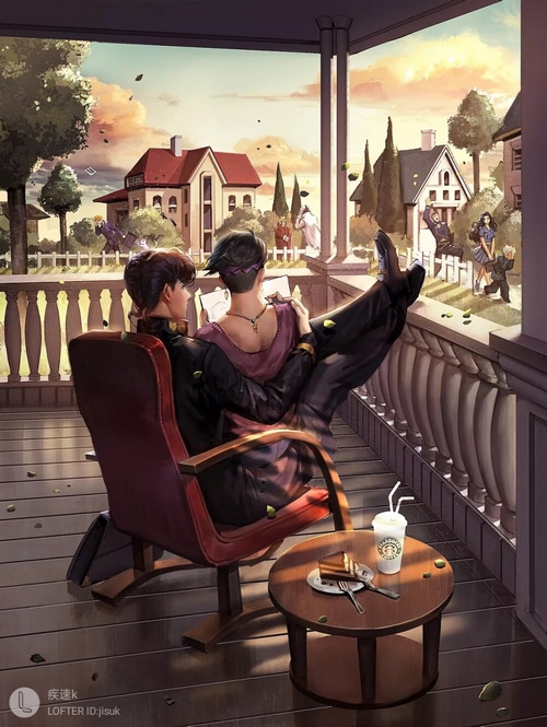 Rohan Kishibe and Kira Yoshikage on a Porch