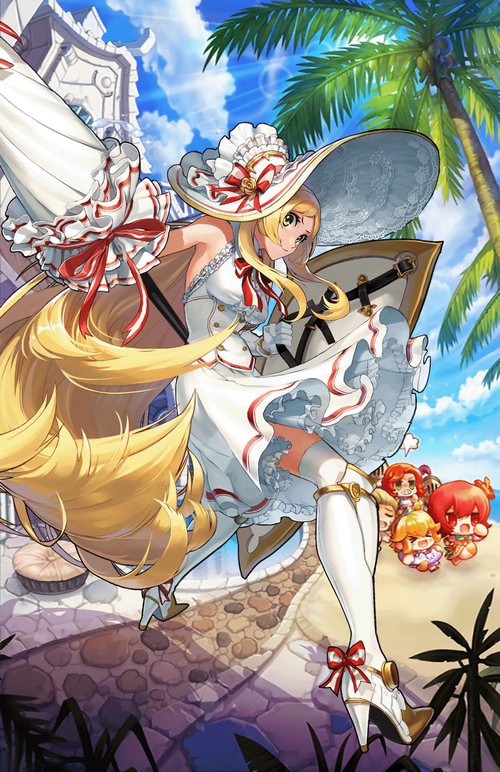 Lapice from Guardian Tales on a beach with palm trees