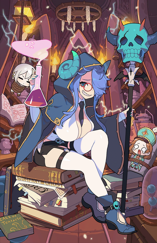 Guardian Tales Gremory sitting in a library