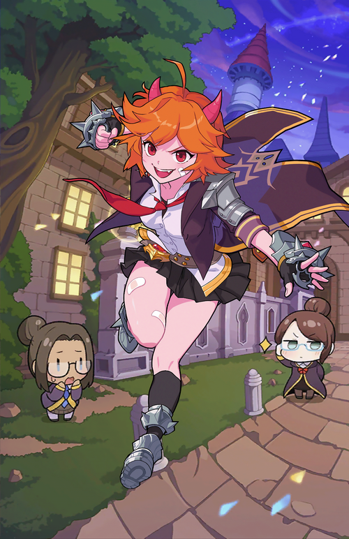 Lavi from Guardian Tales running with horns and red eyes
