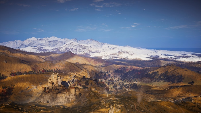 Assassin's Creed Valhalla: Castle and Snow-Capped Mountains