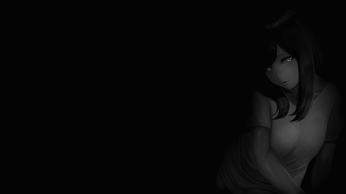 Anime girl with glowing green eyes in the dark