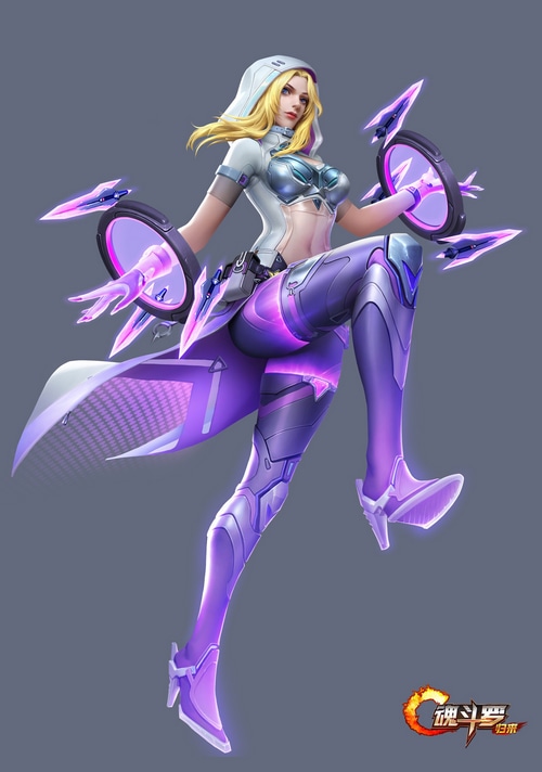 MuSi in a futuristic outfit with glowing weapons