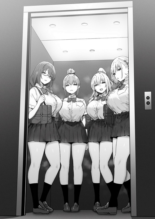 Four anime girls in school uniforms in an elevator