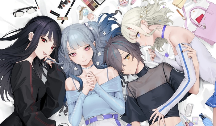 Four anime girls lying on a white surface with makeup