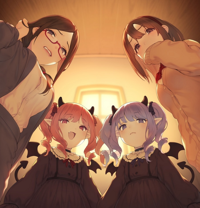 Two demon girls and two women looking down