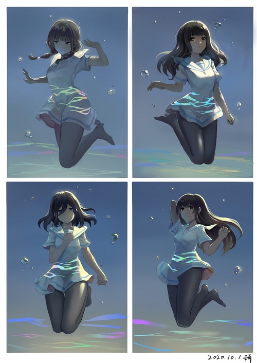Four anime girls in swimsuits underwater