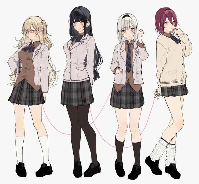 Four anime girls in school uniforms