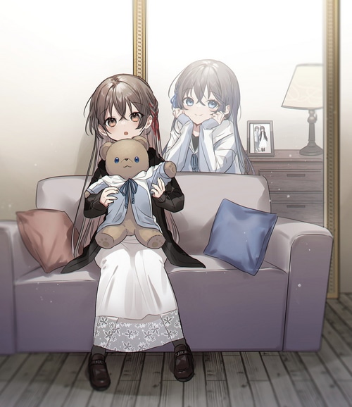 Anime girls with teddy bear in front of mirror