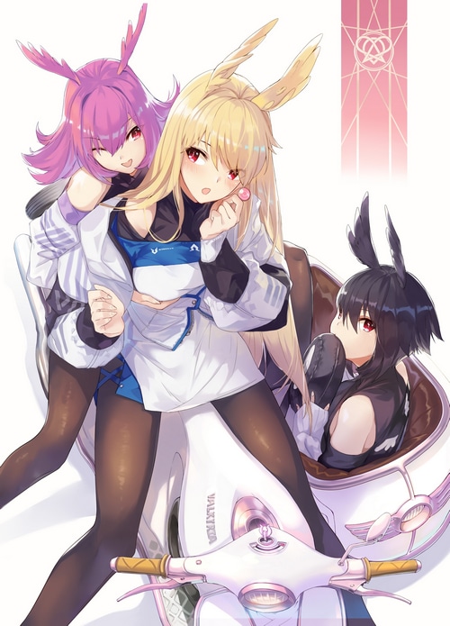Valkyrie Ortlinde, Thrud, and Hildr on a scooter