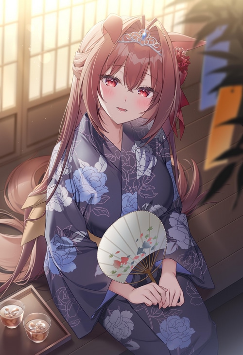 Anime girl with dog ears in a yukata holding a fan