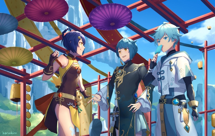 Xiangling, Chongyun, and Xingqiu under umbrellas