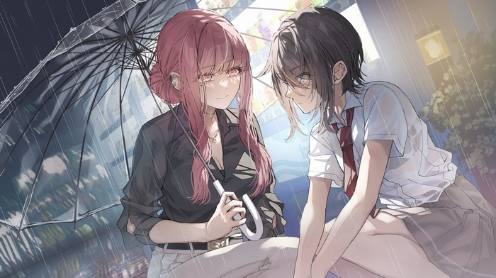 Matsusatoru Kouji and friend under an umbrella in the rain
