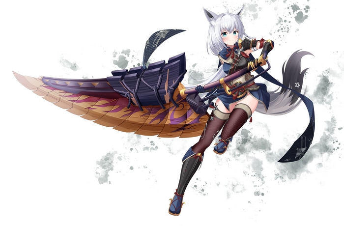 Shirakami Fubuki with a large weapon from Monster Hunter Rise