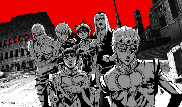 JoJo's Bizarre Adventure characters in front of the Colosseum