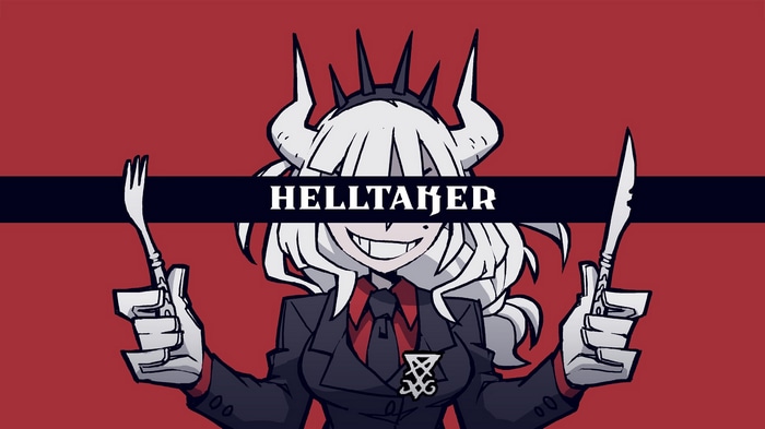 Lucifer from Helltaker holding a fork and knife