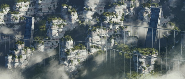Futuristic city built on floating mountains with bridges
