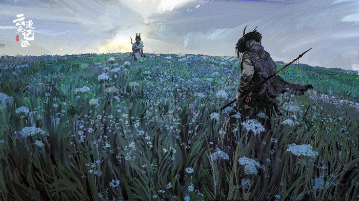 Two figures in a field of flowers