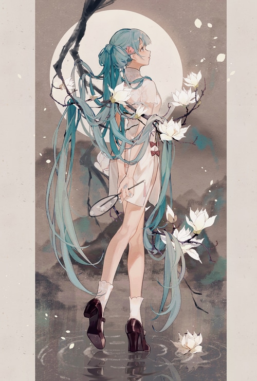 Hatsune Miku in a white dress with white flowers