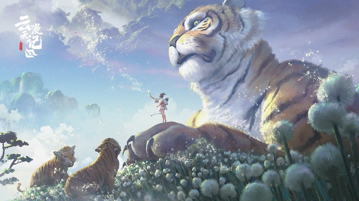 Giant tiger with cubs and a girl in a field