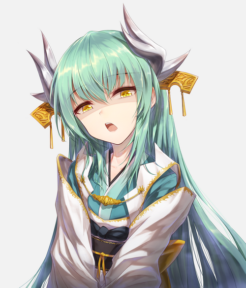Kiyohime from Fate/Grand Order with green hair and horns