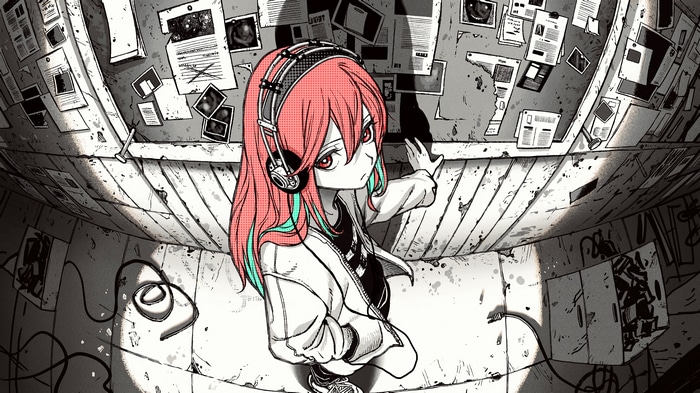 Girl with headphones and red eyes