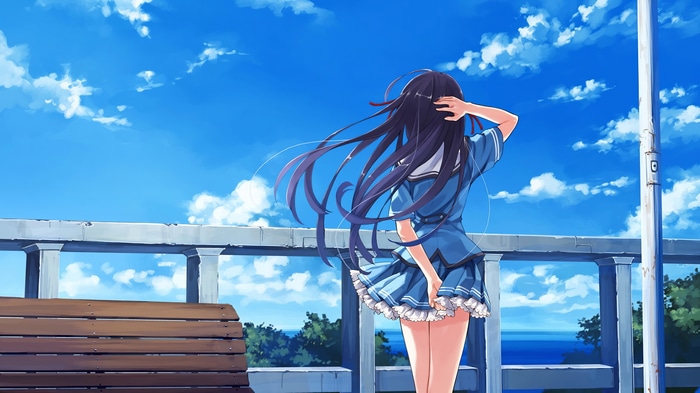 4K Schoolgirl in Blue Uniform Under Cloudy Sky