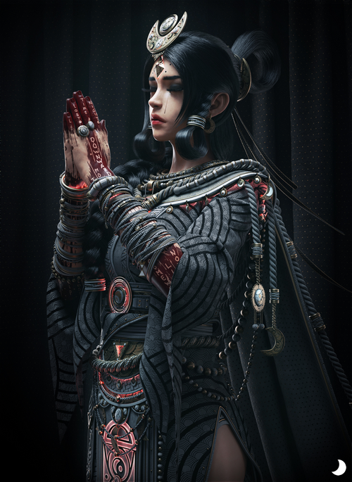 Fantasy woman with folded hands and ornate clothing