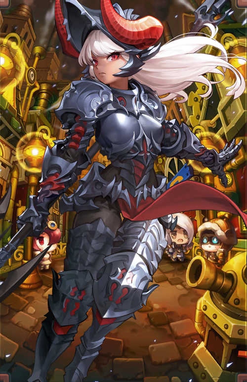 Shapira the Guardian Tales character with white hair and horns
