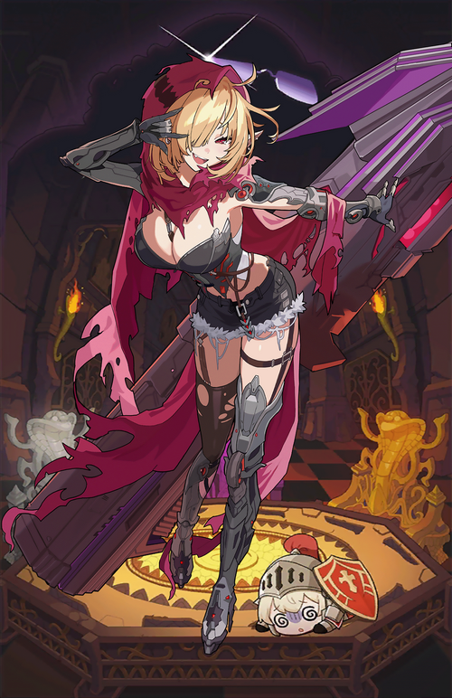 Arabelle with a large weapon and a small knight