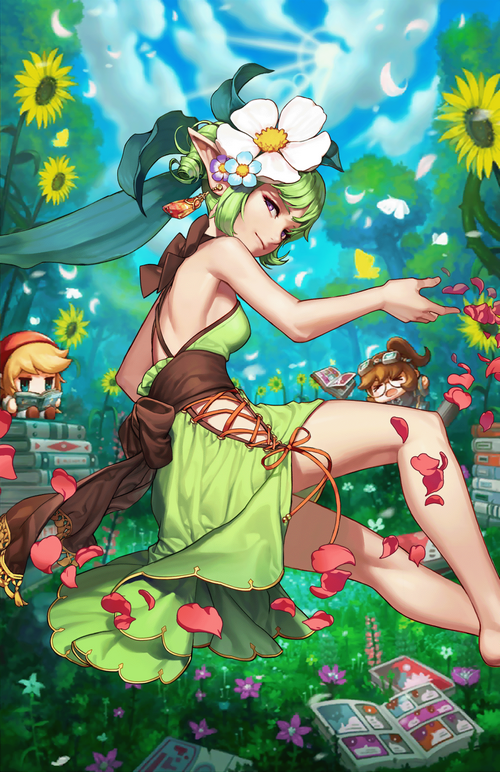Guardian Tales Aoba in a green dress with flowers