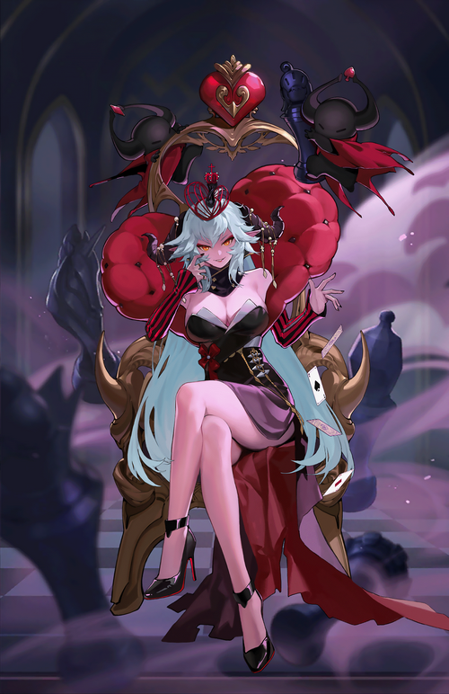 Demon Queen Lilith on a throne with playing cards