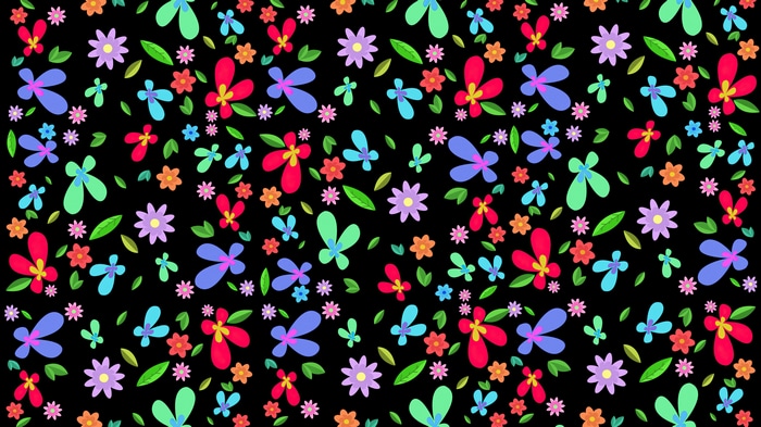 Colorful flowers and leaves pattern on black