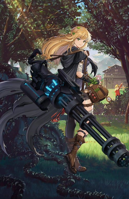 Guardian Tales: Future Knight with Gatling Gun in Forest
