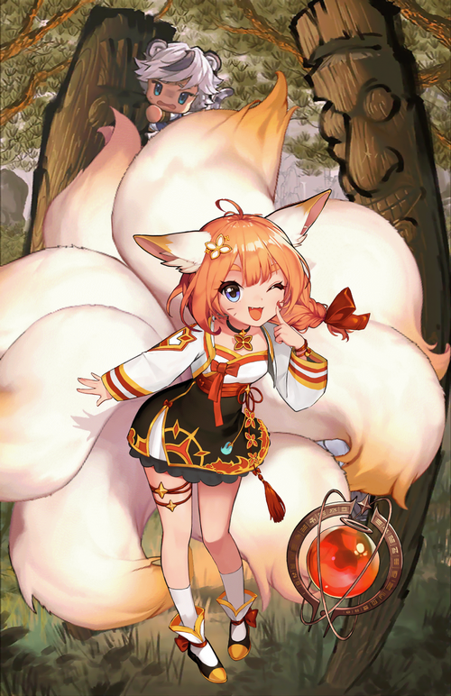 Nari from Guardian Tales with fox ears and tail