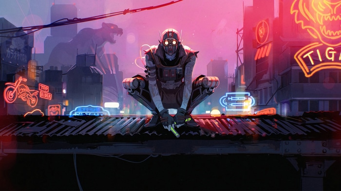 Octane from Apex Legends crouches on a rooftop in a neon city