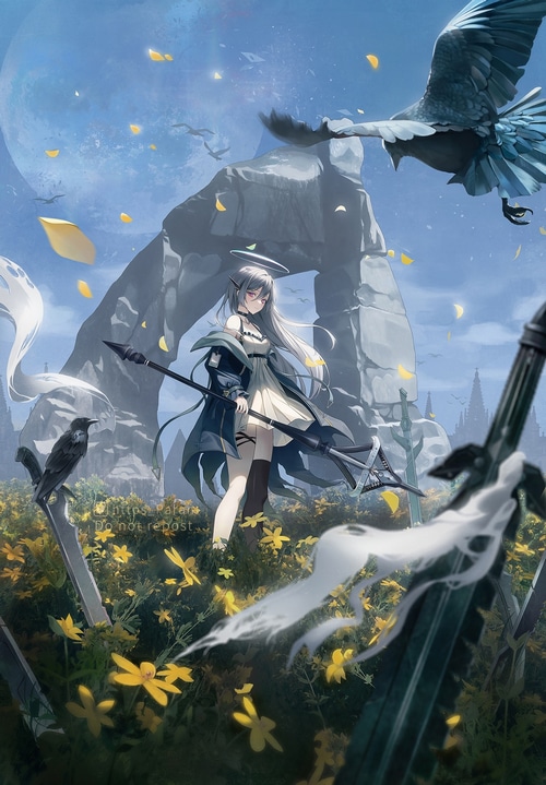 Anime girl with silver hair and lance in a field
