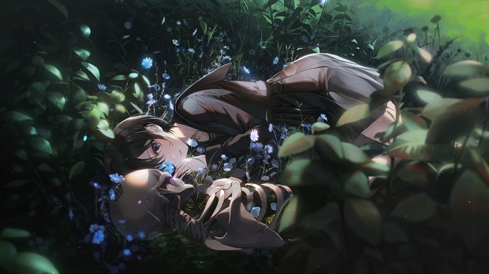 Anime girl lying with a skeleton among plants
