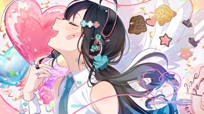 Anime girl with heart balloons and cookies