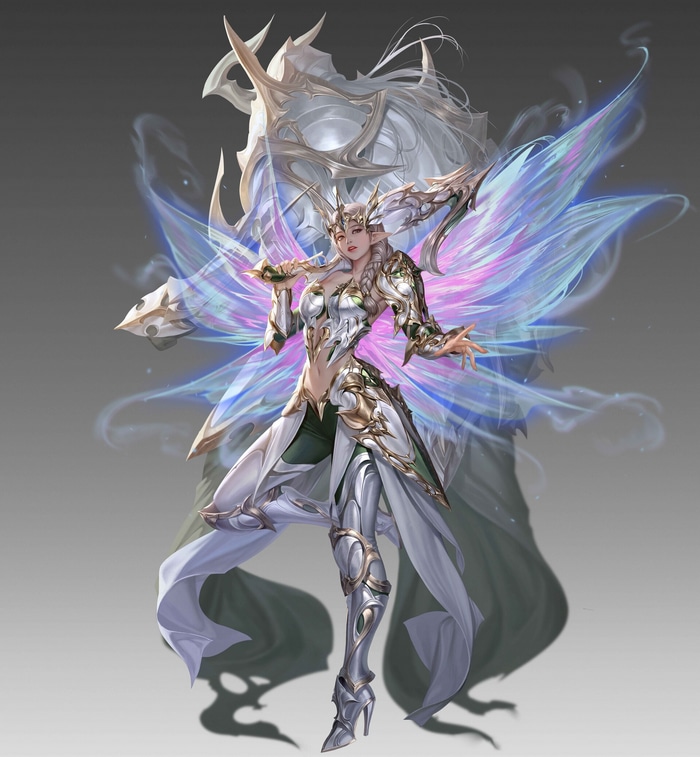 Fantasy woman in ornate armor with iridescent wings
