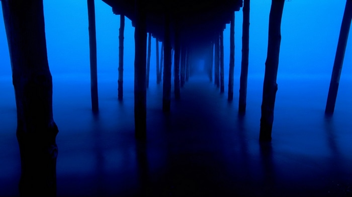 Dark pier pilings in deep blue water at dusk