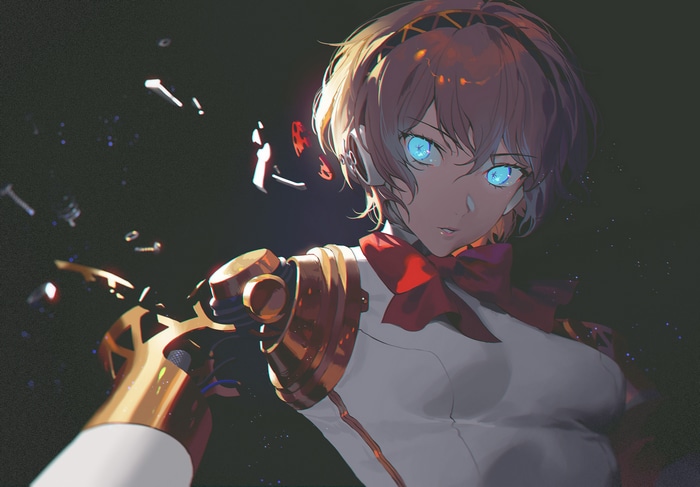 Aigis from Persona 3 with glowing blue eyes