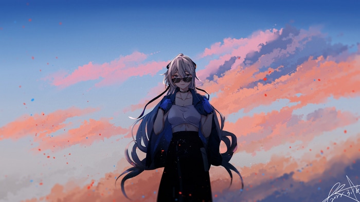 Anime girl with sunglasses against a sunset sky