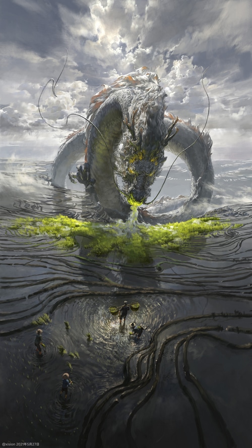 Chinese Dragon Over Rice Terraces with Farmers