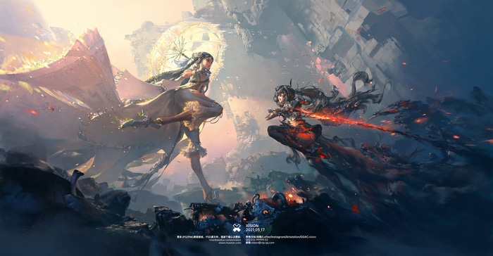 Xision Artwork: Two fantasy girls in battle