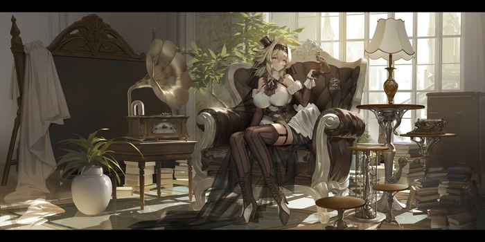 Vill-V from Honkai Impact 3rd in a vintage room