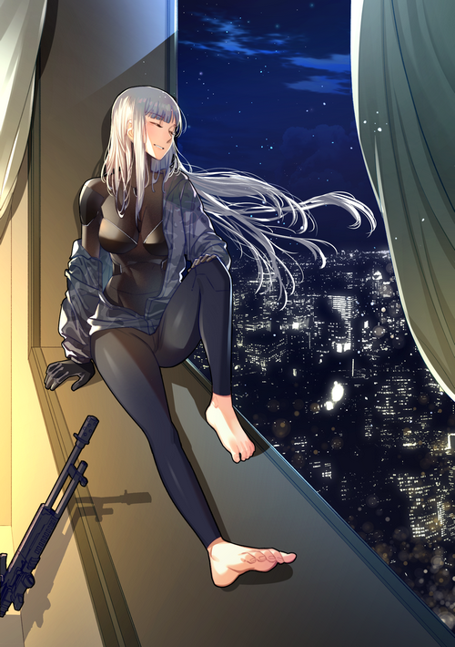 AK-12 from Girls Frontline sitting by a window at night