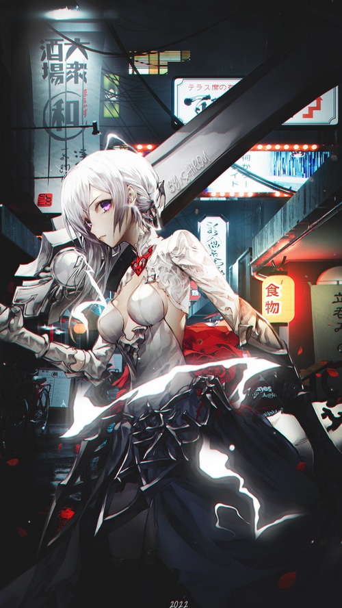 Anime girl with white hair and sword in Japanese city