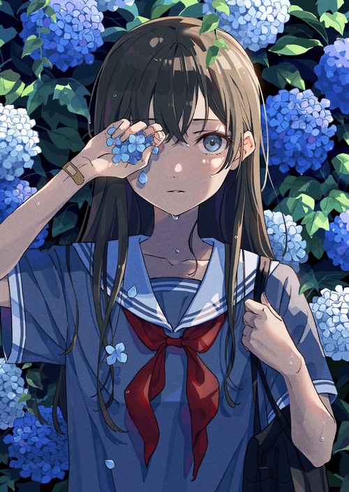 Schoolgirl crying among blue hydrangeas